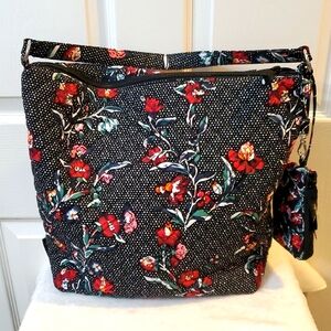 Vera Bradley Oversized Hobo Floral Black and Red Women's Bag W/ Sm Wristlet.